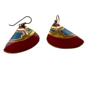 Laurel Burch Enamel Drop Earrings Womens OS Red Gold Geometric Vintage Boho‎